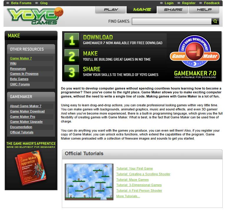 Screenshot of yoyogames.com 2007